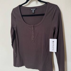 Athleta Women's Brown Rib Henley Long Sleeve Top
